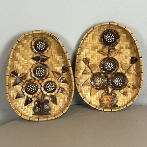 2 Vintage 70s Oval Wooden Wall Art Flowers Polynesian Tiki Boho Chic 10"